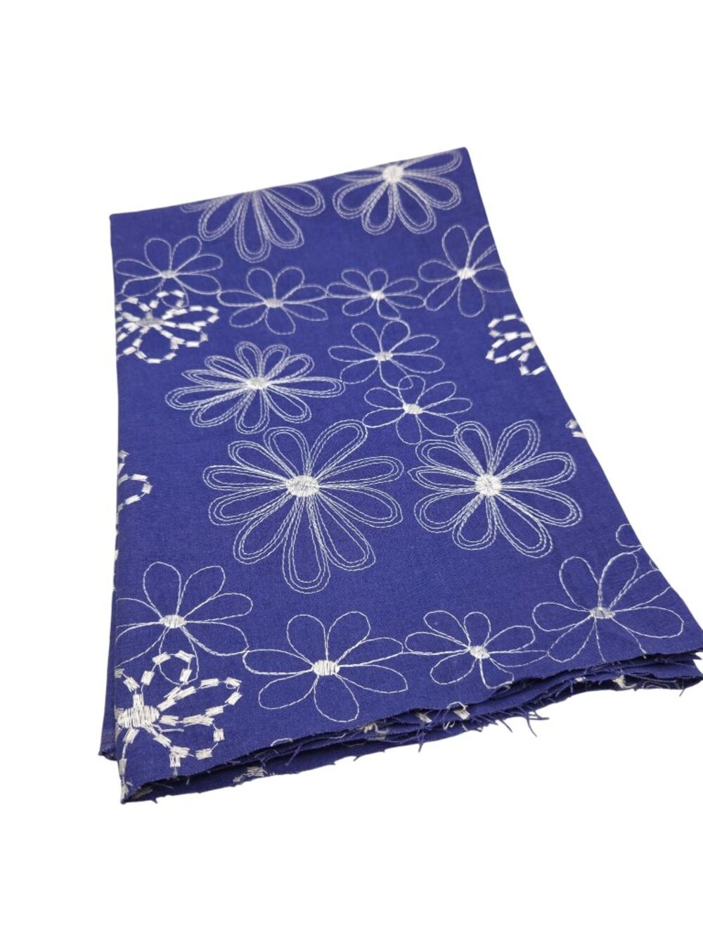 White Embroidered Flowers on Royal Blue Cotton Fabric 2 Yards 27 Inches Wide